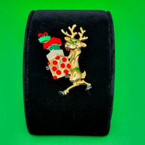 Christmas Reindeer with Gold Tone and Enamel Presents